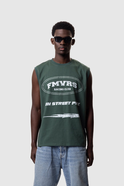 Male model wearing pine green relaxed fit sleeveless tank top with white FMVRS logo